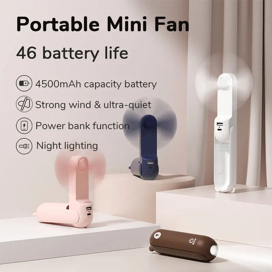 Portable Fan Mini Handheld Fan USB 4500mAh Recharge Hand Held Small Pocket Fan with Power Bank Flashlight Feature